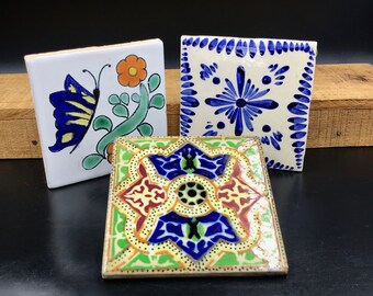 Set of 3 VTG Mexican Tiles, Mexican Decorative Tiles, Mexican Tile Trivets, 4.25" x 4.25"