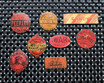 chewing tobacco tin tags Antique Tin Tobacco Tags: Salvator Bros, Nutmeg Chew, Old Corn