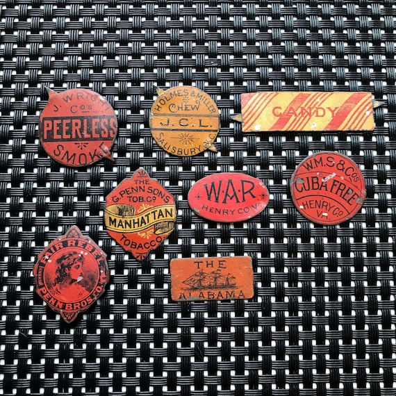 Antique Tin Tobacco Tags: Manhattan, Peerless Smoke, Fair Rebel (sold  Individually)