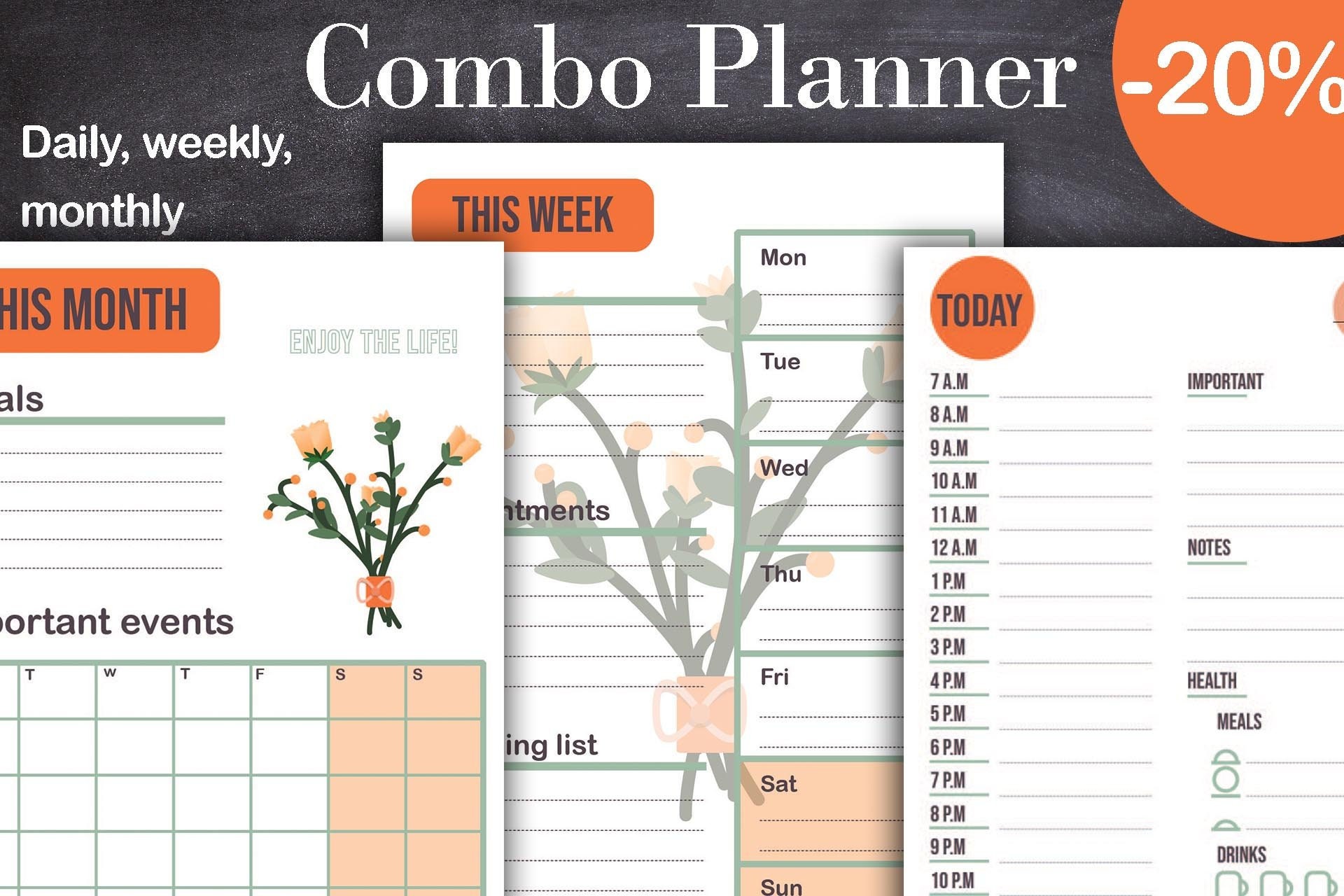 Orange Planner Bundle Daily Weekly & Monthly Planner Etsy