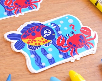 Silly Aquarium Sticker | 3" | Cute Fish and Crab Friends