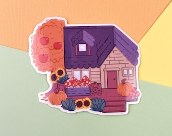 Cottagecore Sticker: Autumn Cottage with Pumpkins, Sunflowers, & Apple Tree - 3"