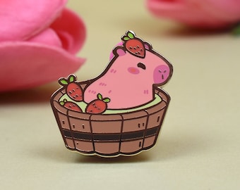 Strawberry Capybara Enamel Pin | 1.25" wide | Cute Pink Capybara