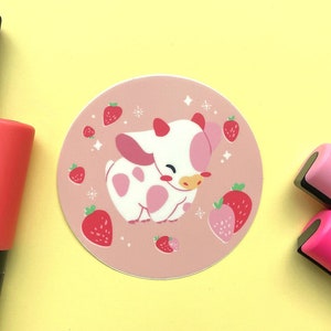 ストロベリーミルク牛ステッカー | 3インチ | かわいいピンクの牛