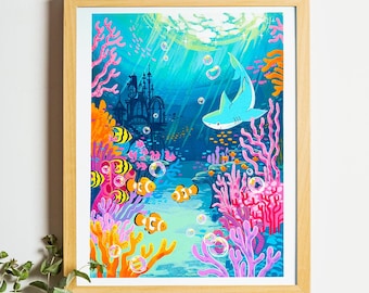 Underwater Ruins 8"x10" Art Print | Acrylic Gouache Painting
