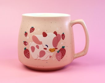 Strawberry Milk Cow Mug (Light Pink Version) | Microwave & Dishwasher Safe | Cute Pink Cow Drinkware