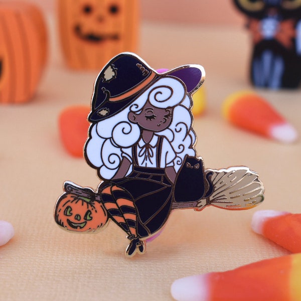 Black Girl Magic Enamel Pin | 1.6" wide | Cute Halloween Witch with Black Cat