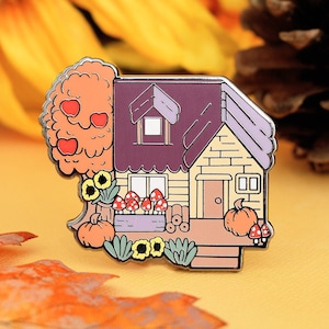 Cozy Fall Cottage Enamel Pin | 1.5&quot; tall | Cute Autumn Cottagecore Accessory