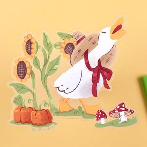 May include: A white goose with a red ribbon around its neck is walking towards a patch of sunflowers and pumpkins. The goose is wearing a straw hat and carrying a basket. The image is drawn in a cartoon style.