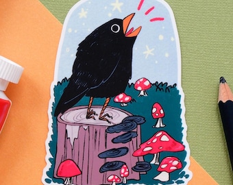 Boisterous Crow Sticker | Waterproof Bird Halloween Art | Woodland Mushroom Design
