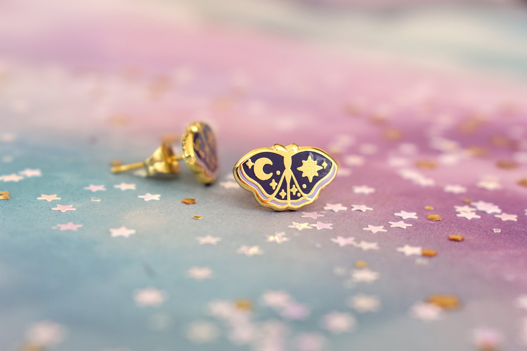 Gold-Plated Celestial Moth Enamel Earrings - Stud Earrings - Nickel-Free