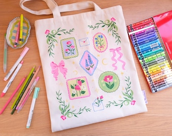Cottagecore Stamps Tote Bag | 14" x 15" | Reusable Bag
