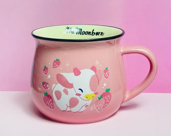 Strawberry Milk Cow Mug | Microwave & Dishwasher Safe | Cute Pink Cow Drinkware