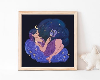 May include: A digital illustration of a woman with long dark hair and a purple dress, sitting on a cloud with a crescent moon and stars. She is looking at a small owl with a crescent moon on its chest.