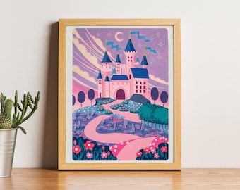 Moonset Castle 8"x10" Art Print | Acrylic Gouache Illustration