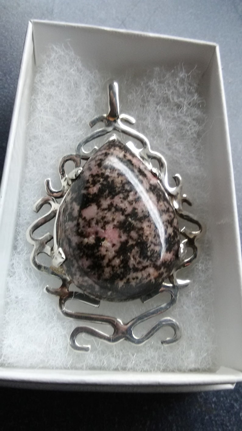 Hand Crafted Pink and Black Rhodonite Cabochon set in a hand made Sterling Silver Pendant Very Nice!!