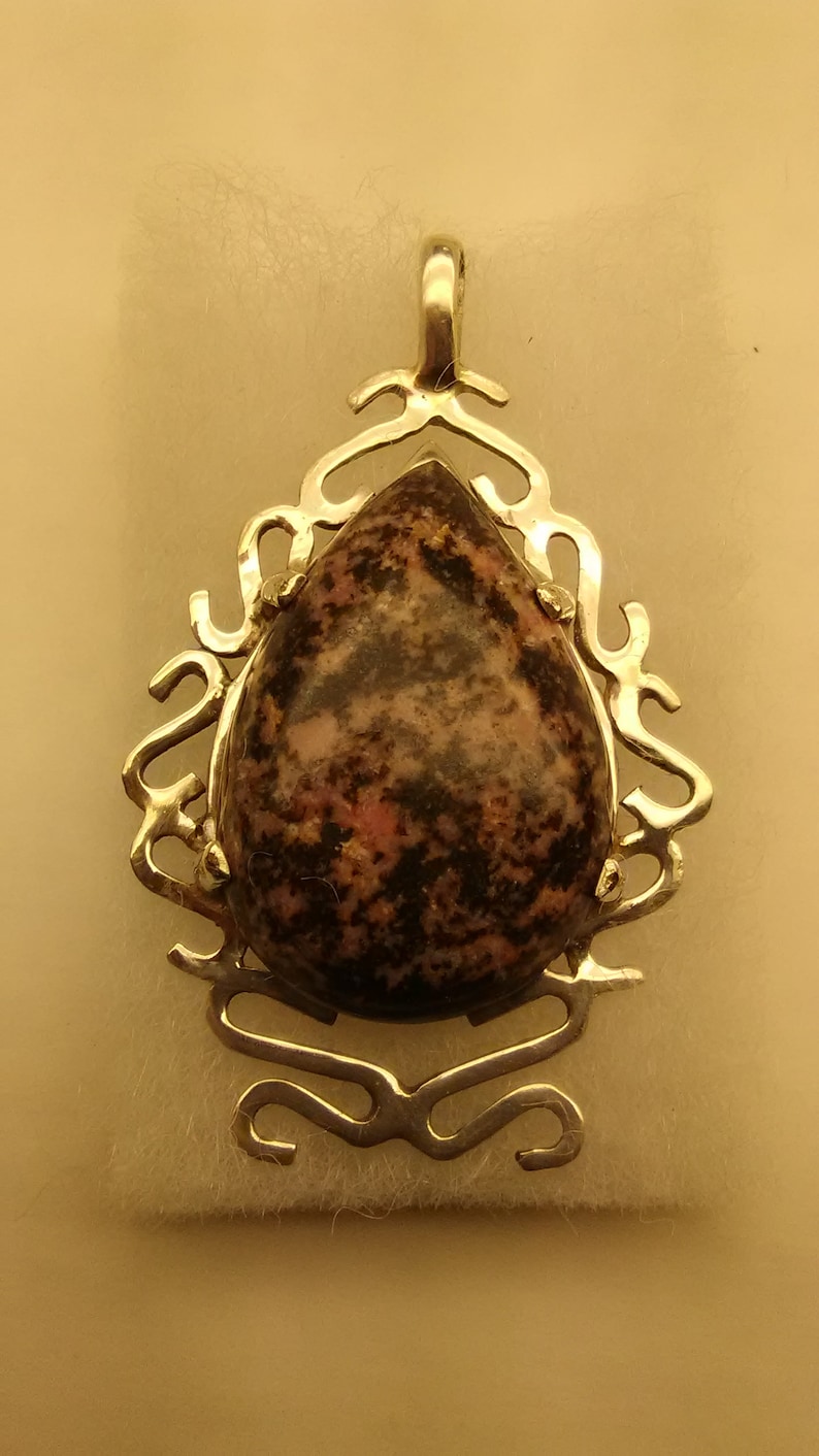 Hand Crafted Pink and Black Rhodonite Cabochon set in a hand made Sterling Silver Pendant Very Nice!!