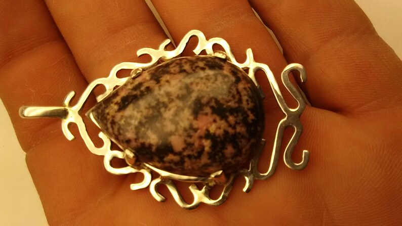Hand Crafted Pink and Black Rhodonite Cabochon set in a hand made Sterling Silver Pendant Very Nice!!