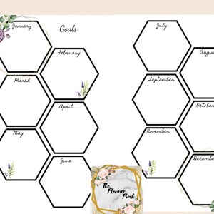 May include: A printable planner page with a honeycomb design featuring a hexagon for each month of the year. The planner page is decorated with floral illustrations and the text "Goals" and "The Planner Porch".