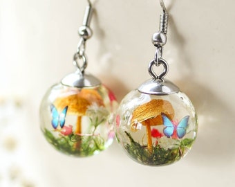 Real mushroom earrings, Butterfly garden earrings, Real flower earrings, Terrarium mushroom earring, Wildflower jewelry, Mushroom lover gift