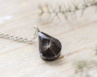 Tiny dandelion seed necklace, Black teardrop pendant, Make a wish necklace, Real Flower Necklace, Dandelion Jewelry, Dainty boho necklace