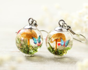 Enchanted forest earrings, Mushroom earrings dangle, Real flower earrings, Fairy garden earrings, Magic forest jewelry, Blue butterfly resin