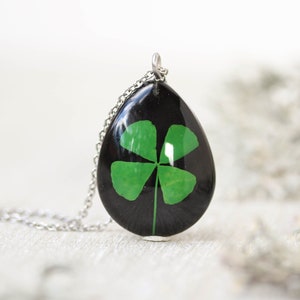 Real clover necklace, Gold teardrop necklace, Black drop crystal necklace, Shamrock jewelry, Four leaf clover pendant, Lucky gold necklace