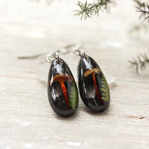 Black teardrop earrings, Dried mushroom earrings, Small dangle earrings for women, Dark cottagecore jewelry, Bohemian dangle earrings