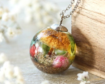 Garden mushroom necklace, Real flower necklace, Birthday gifts for her garden, Botanical necklace, Gift for teenager girl, Terrarium jewelry