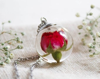 Red rose necklace, Real rose flower jewelry, Red flower necklace, Birthday gift for mother, Dainty crystal necklace Tiny terrarium jewelry