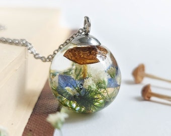 Mushroom fairy necklace, Dainty terrarium necklace, Cottage core jewelry, Remembrance flower necklace, Present for her, Blue flower necklace