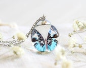 Blue butterfly necklace, Morpho butterfly necklace, Nature theme jewelry, Tiny animal necklace, Butterfly resin necklace, Back to school