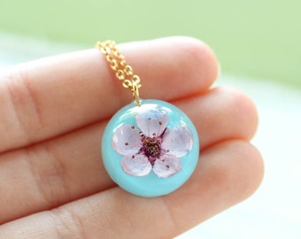 Pink flower necklace, Real Sakura Flower necklace, Dainty floral necklace, Cherry blossom gift for her, Floral jewellery, Spring accessories