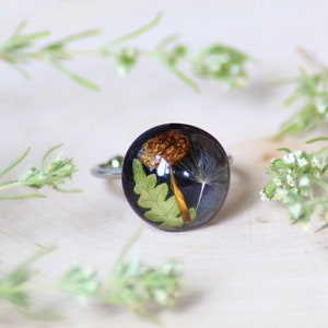 Real mushroom ring, Adjustable ring black, Woodland ring, Boho nature jewelry, Ring with Real Fern and Dandelion Seed, Whimsical ring