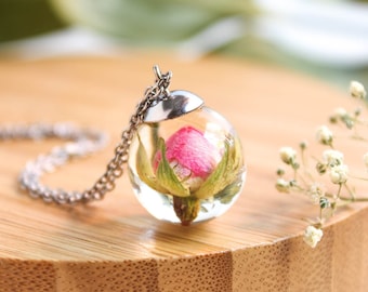 Lindo collar de rosa, collar de flor diminuta, collar de flor real, collar rosa delicado, regalo lindo para novia, collar colgante floral