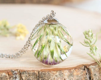 Scottish thistle necklace, Dried flower pendant necklace, Scotland gifts for men or women, Scottish symbol jewelry, Botanical resin necklace