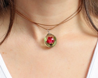 Choker with red rose pendant, Real flower necklace, Botanical jewelry, 18th birthday gift for her, Terrarium necklace, Choker charm necklace