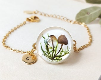 Terrarium mushroom bracelet, Personalized initial bracelet, Real mushroom bracelet, Nature inspired bracelet, Personalized bracelet for her