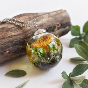 Woodland inspired necklace, Real mushroom resin necklace, Forest lover gifts, Green moss necklace with Real Flower, Forest jewelry for her