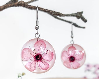 Cherry blossom earrings, Real flower earrings, Pink flower earrings dangle, Sakura jewelry, Round dangle earrings, Birthday gifts for women