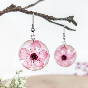 Cherry blossom earrings, Real flower earrings, Pink flower earrings dangle, Sakura jewelry, Round dangle earrings, Birthday gifts for women