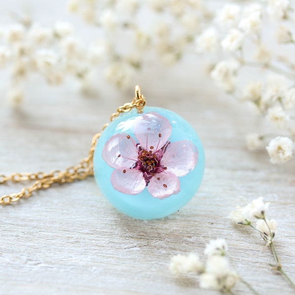 Sakura flower necklace, Pressed flower necklace, Cherry blossom jewellery, Lovely gift for her, Pink flower necklace, Sakura jewellery