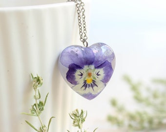 Dainty flower necklace, Purple pansy flower necklace, Special gift for daughter birthday, Delicate charm necklace, Real flower resin pendant