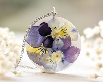 Pressed pansy flowers necklace, Floral pendant necklace , Pansy jewelry, Mother's day gift ideas, Purple flower necklace, Botanical jewelry