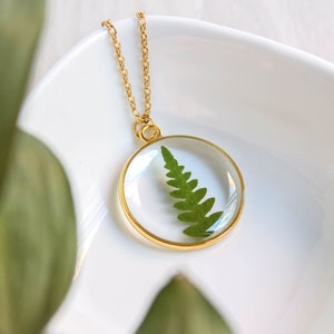 Zierliche Farn Halskette, Gepresste Pflanze Halskette, Botanische Halskette Gold, Zierlicher Goldschmuck, Botanisches Geschenk für Frauen, Zierliche Kreis Halskette Bild 1