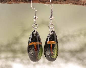 Real mushroom earrings, Black dangle earrings, Dandelion seed earrings, Fern earrings in resin, Cottage core jewelry, Mushroom accessories