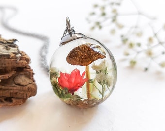 Mushroom flower necklace, Crystal resin necklace, Unique gift for mom birthday, Real mushroom terrarium necklace, Dried rose flower necklace