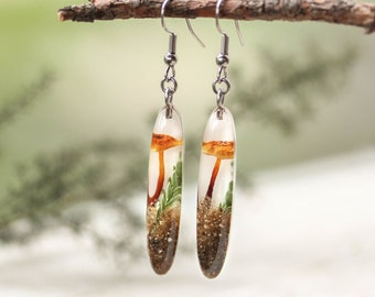 Nature earrings dangle, Mushroom resin earrings, Terrarium earrings, Forest jewelry, Moss earrings, Long bar earrings, Real mushroom jewelry