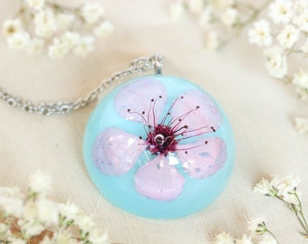 Real cherry blossom necklace, Real flower necklace, Delicate flower necklace, Botanical flower necklace, Girlfriend gift idea Spring jewelry