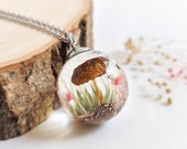 Terrarium necklace handmade, Mushroom pendant crystal, Thistle flower necklace, Mushroom gift for women, Real shell necklace, Resin necklace
